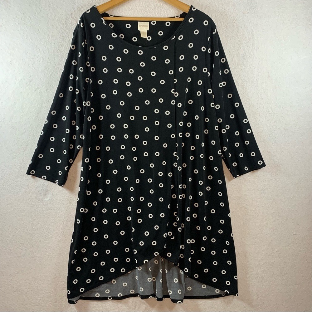 Chicos Abstract Circle AOP Midi Dress‎ XL 3 Black 3/4 Sleeve Flowy Stretch Artsy